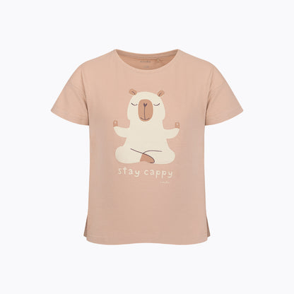 T-shirt z krótkim rękawem dla dziewczynki 3-8 lat, beżowy z kapibarą