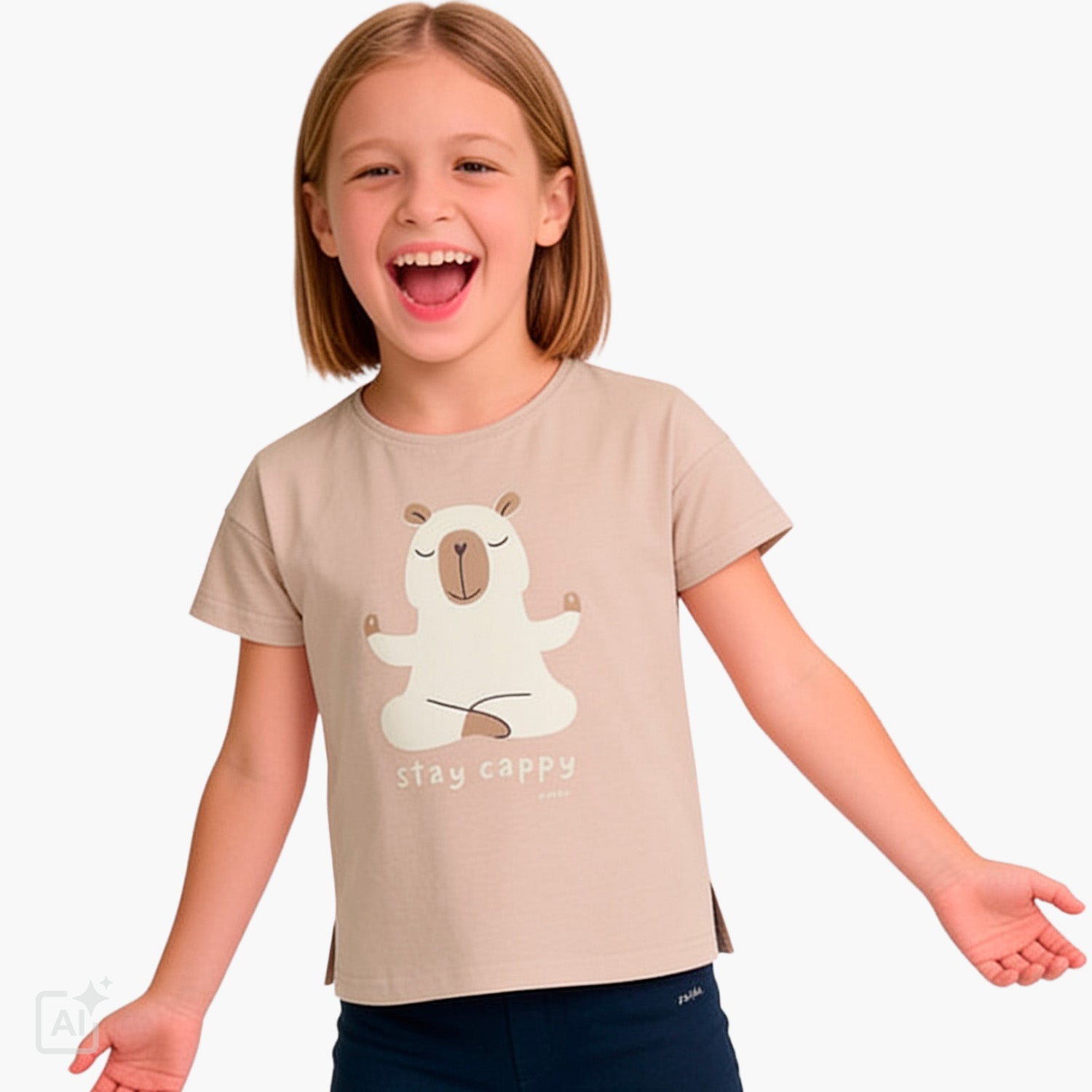 T-shirt z krótkim rękawem dla dziewczynki 3-8 lat, beżowy z kapibarą