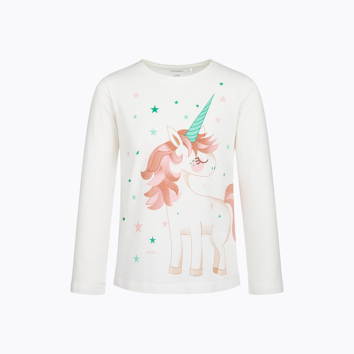T-shirt z długim rękawem dla dziewczynki 3-8 lat, biały z jednorożcem