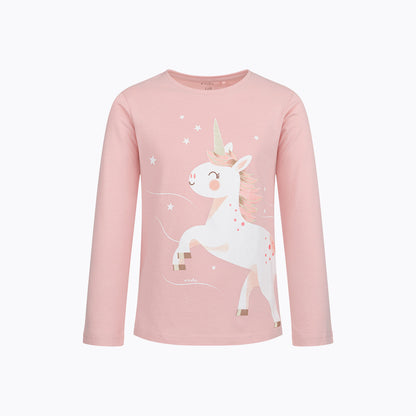 T-shirt z długim rękawem dla dziewczynki 3-8 lat, różowy z jednorożcem