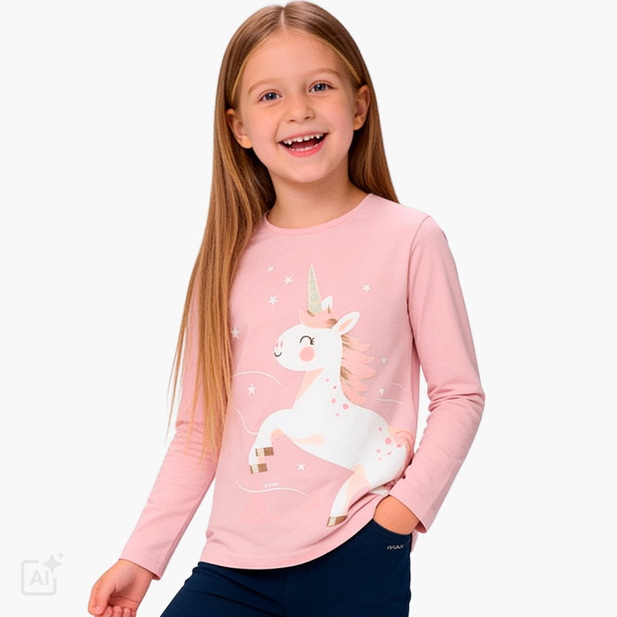 T-shirt z długim rękawem dla dziewczynki 3-8 lat, różowy z jednorożcem