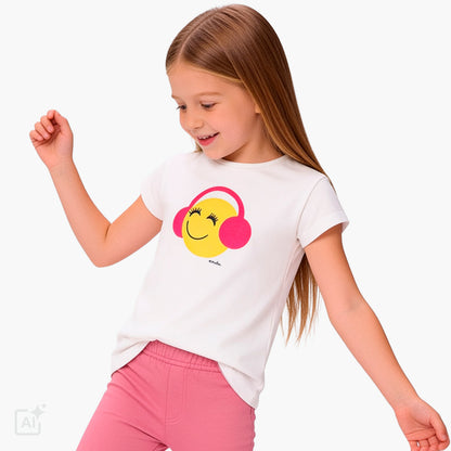 T-shirt z krótkim rękawem dla dziewczynki 3-8 lat, biały z emotką