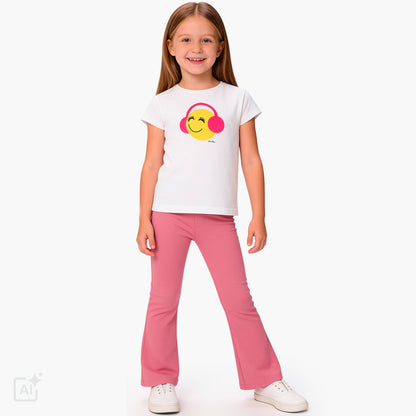 T-shirt z krótkim rękawem dla dziewczynki 3-8 lat, biały z emotką