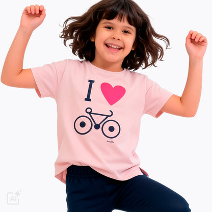 T-shirt z krótkim rękawem dla dziewczynki 9-13 lat, różowy z motywem rowerowym
