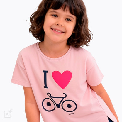 T-shirt z krótkim rękawem dla dziewczynki 9-13 lat, różowy z motywem rowerowym