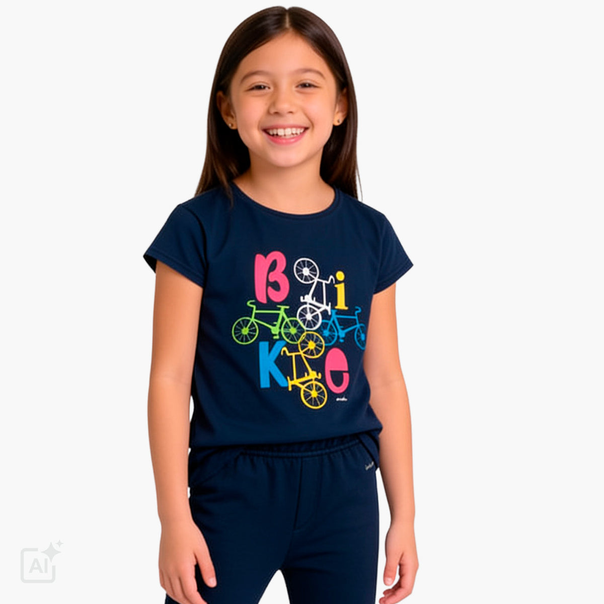 T-shirt z krótkim rękawem dla dziewczynki 9-13 lat, granatowy z motywem rowerowym