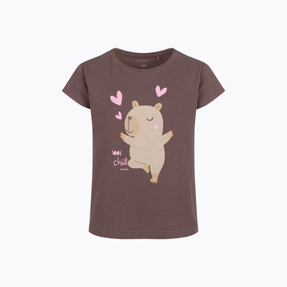 T-shirt z krótkim rękawem dla dziewczynki 9-13 lat, brązowy z kapibarą
