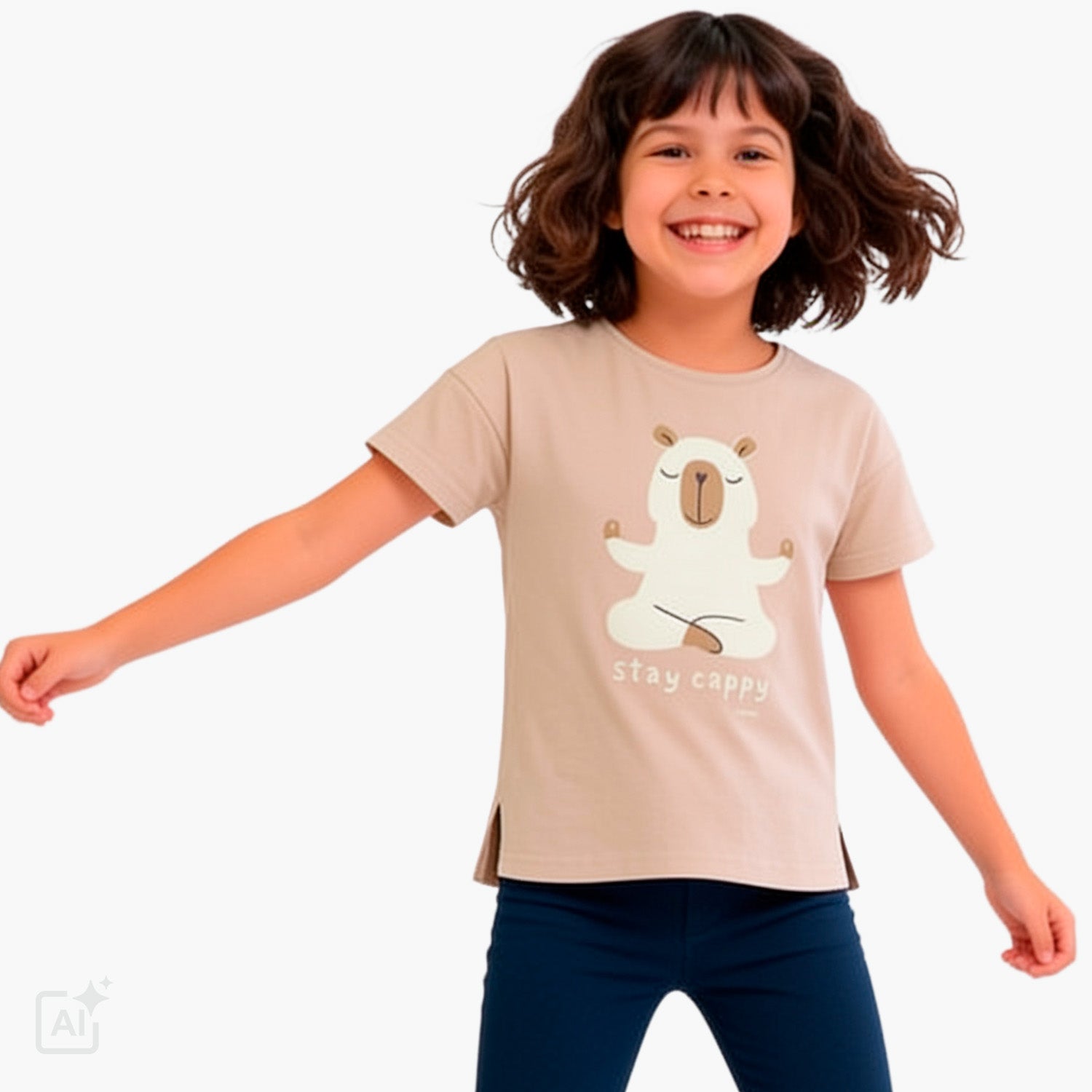 T-shirt z krótkim rękawem dla dziewczynki 9-13 lat, beżowy z kapibarą