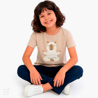 T-shirt z krótkim rękawem dla dziewczynki 9-13 lat, beżowy z kapibarą