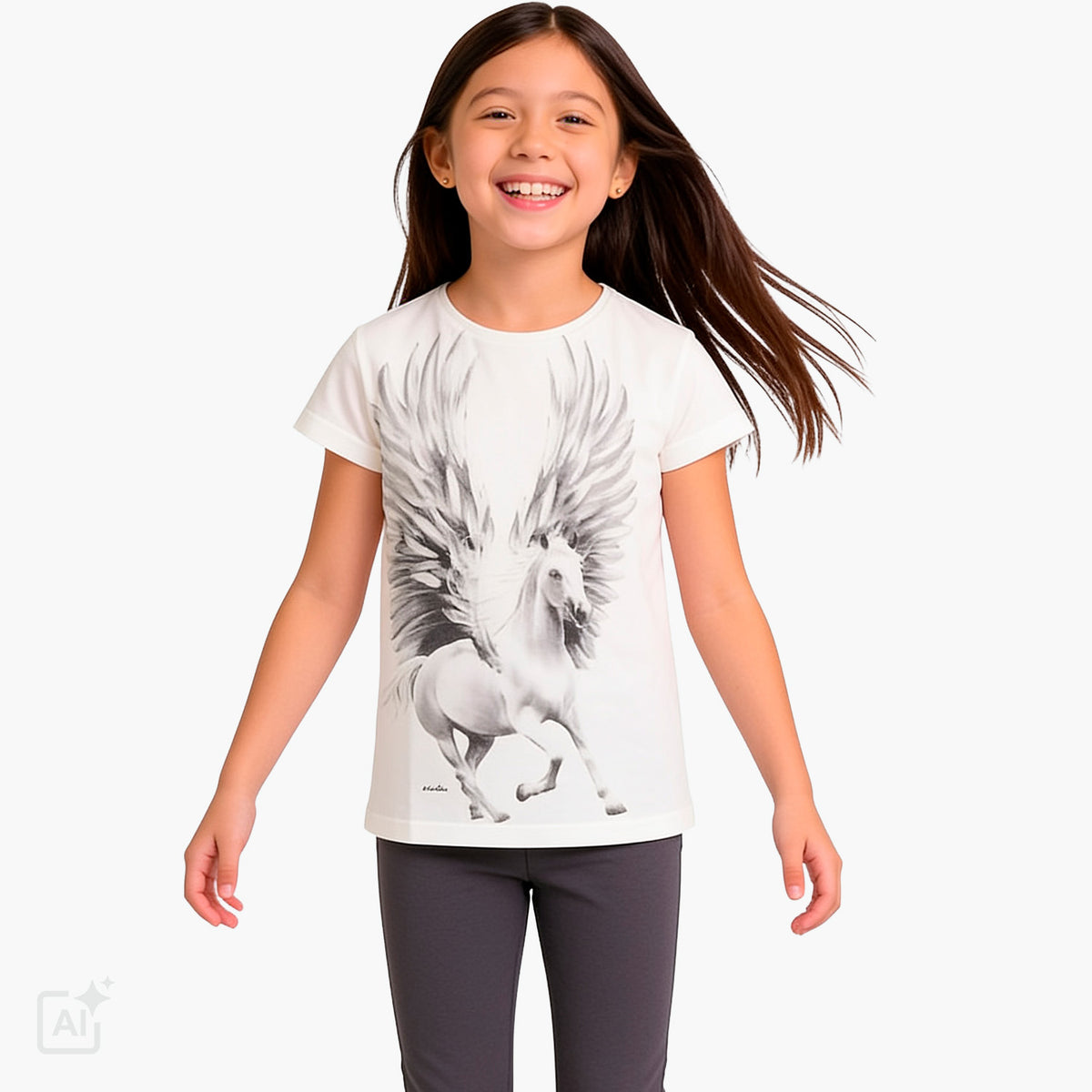 T-shirt z krótkim rękawem dla dziewczynki 9-13 lat, biały z pegazem