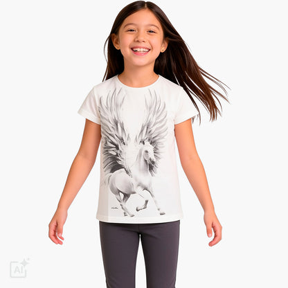 T-shirt z krótkim rękawem dla dziewczynki 9-13 lat, biały z pegazem