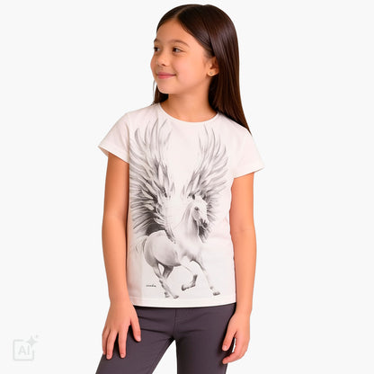 T-shirt z krótkim rękawem dla dziewczynki 9-13 lat, biały z pegazem