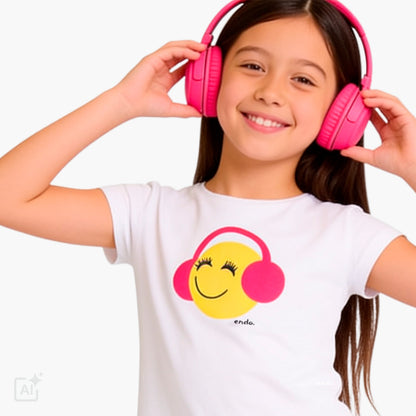 T-shirt z krótkim rękawem dla dziewczynki 9-13 lat, biały z emotką
