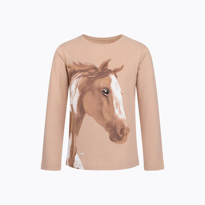 T-shirt z długim rękawem dla dziewczynki 9-13 lat, beżowy z koniem
