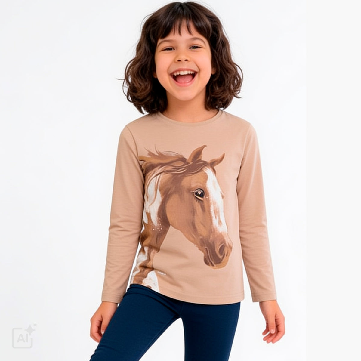 T-shirt z długim rękawem dla dziewczynki 9-13 lat, beżowy z koniem
