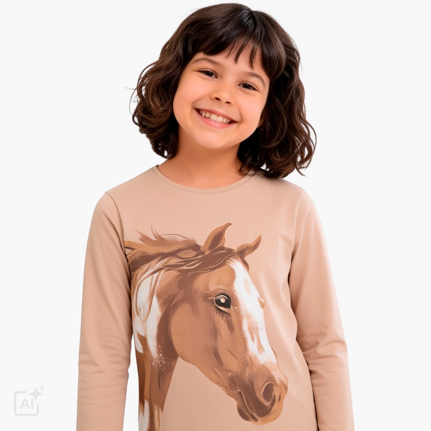T-shirt z długim rękawem dla dziewczynki 9-13 lat, beżowy z koniem