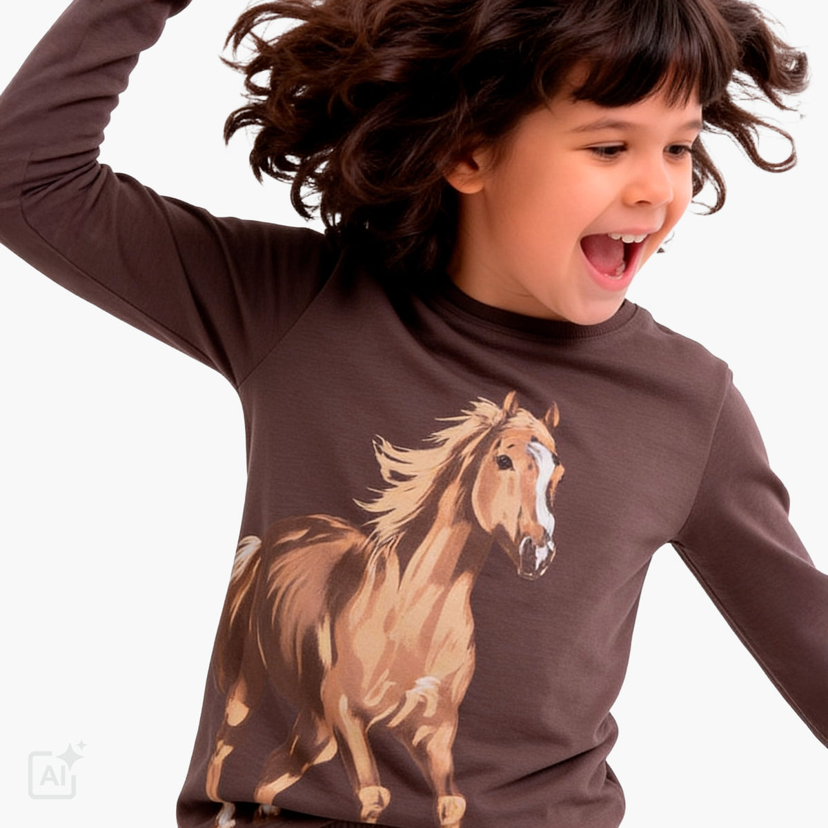 T-shirt z krótkim rękawem dla dziewczynki 9-13 lat, brązowy z koniem