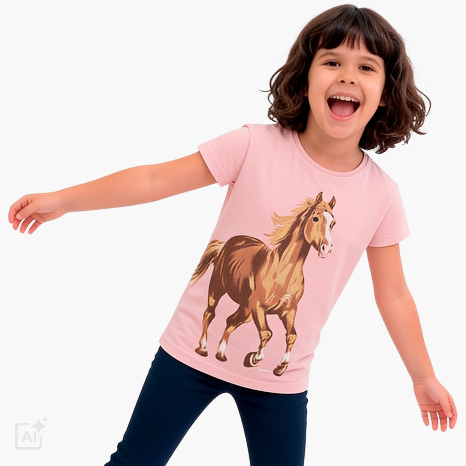 T-shirt z krótkim rękawem dla dziewczynki 9-13 lat, różowy z koniem