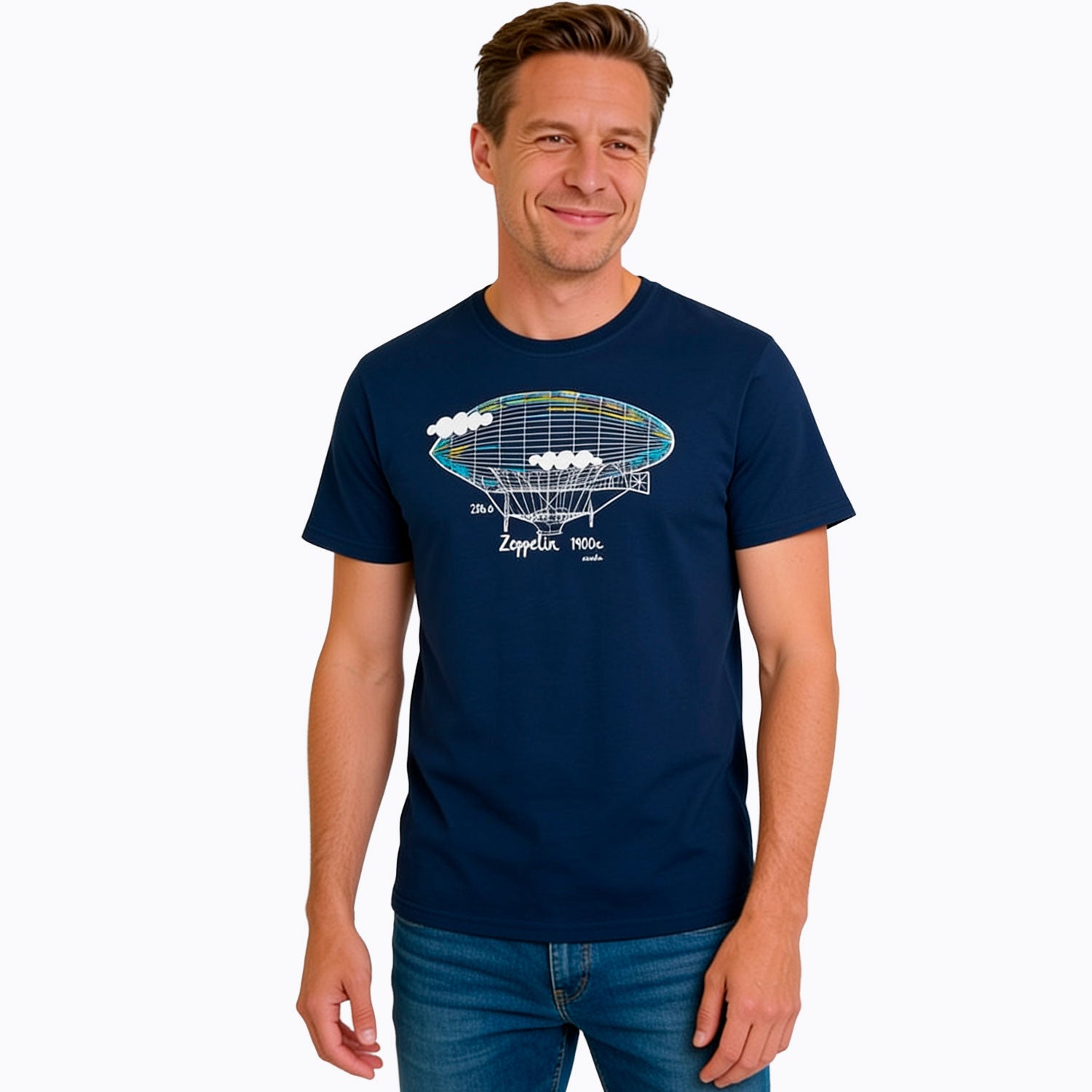 Męski t-shirt z krótkim rękawem, z zeppelinem, granatowy