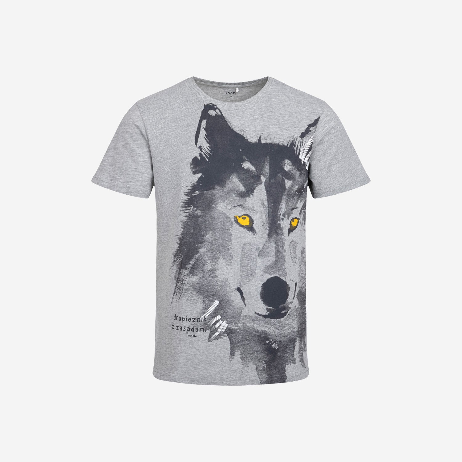 Męski t-shirt z krótkim rękawem, z wilkiem i napisem "drapieżnik z zasadami"
