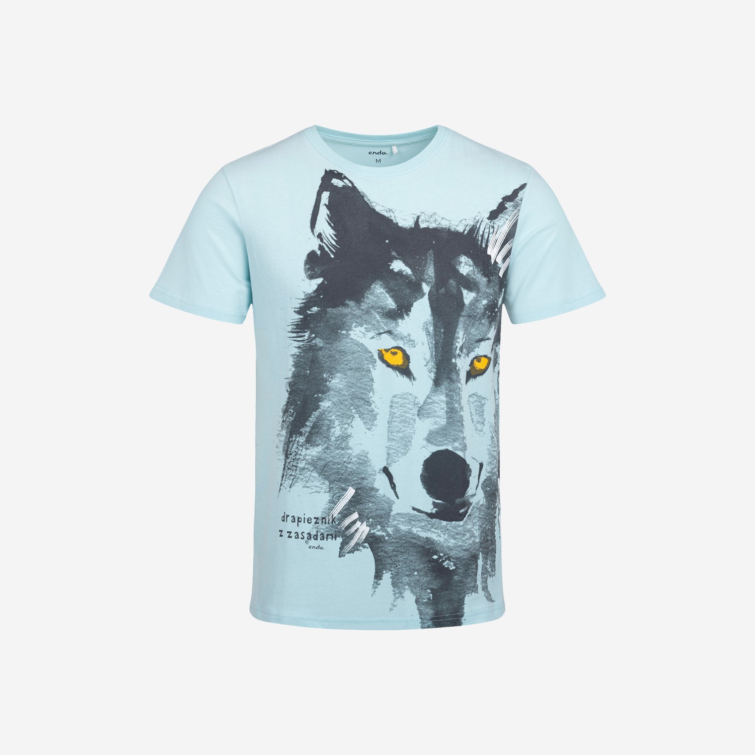 Męski t-shirt z krótkim rękawem, z wilkiem i napisem "drapieżnik z zasadami"