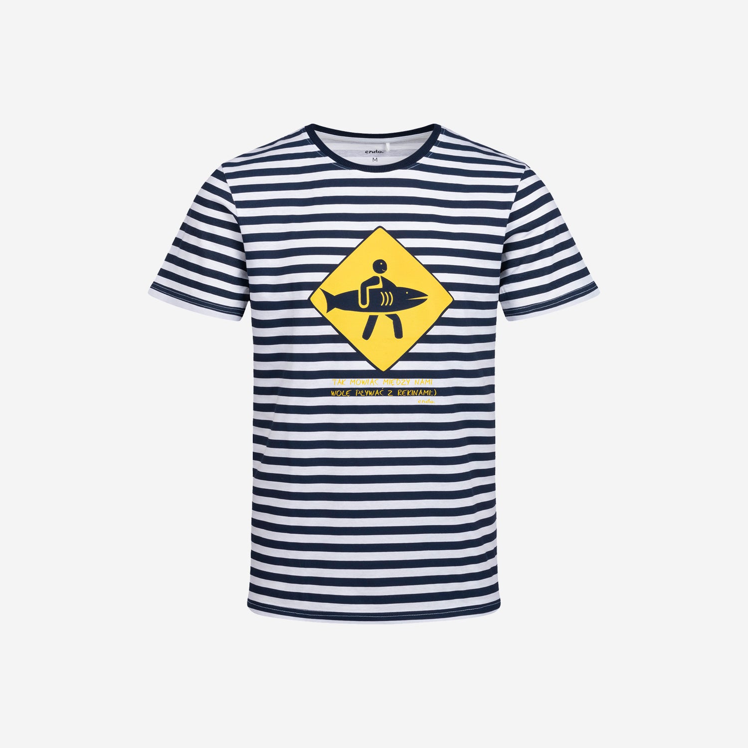 Męski t-shirt z krótkim rękawem, z motywem pływackim i napisem "tak mówiąc między nami wolę pływać z rekinami", w paski