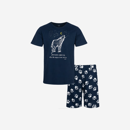 Men's short pajamas with a wolf, navy blue