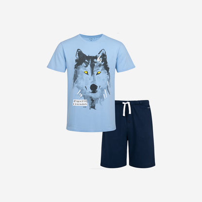 Men's short-sleeved wolf pajama, blue