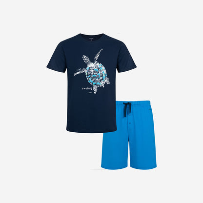 Men's Short Sleeve Turtle Pajama Set, Navy Blue