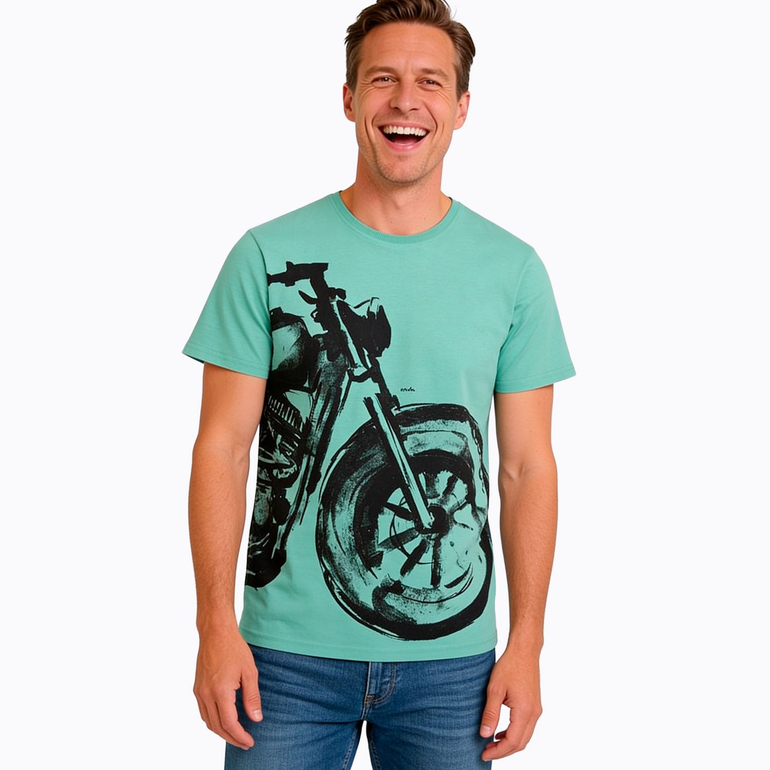 Męski t-shirt z krótkim rękawem, z motocyklem, zielony