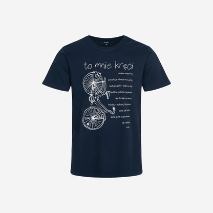Męski t-shirt z krótkim rękawem, z rowerem i z napisem "To mnie kręci", granatowy