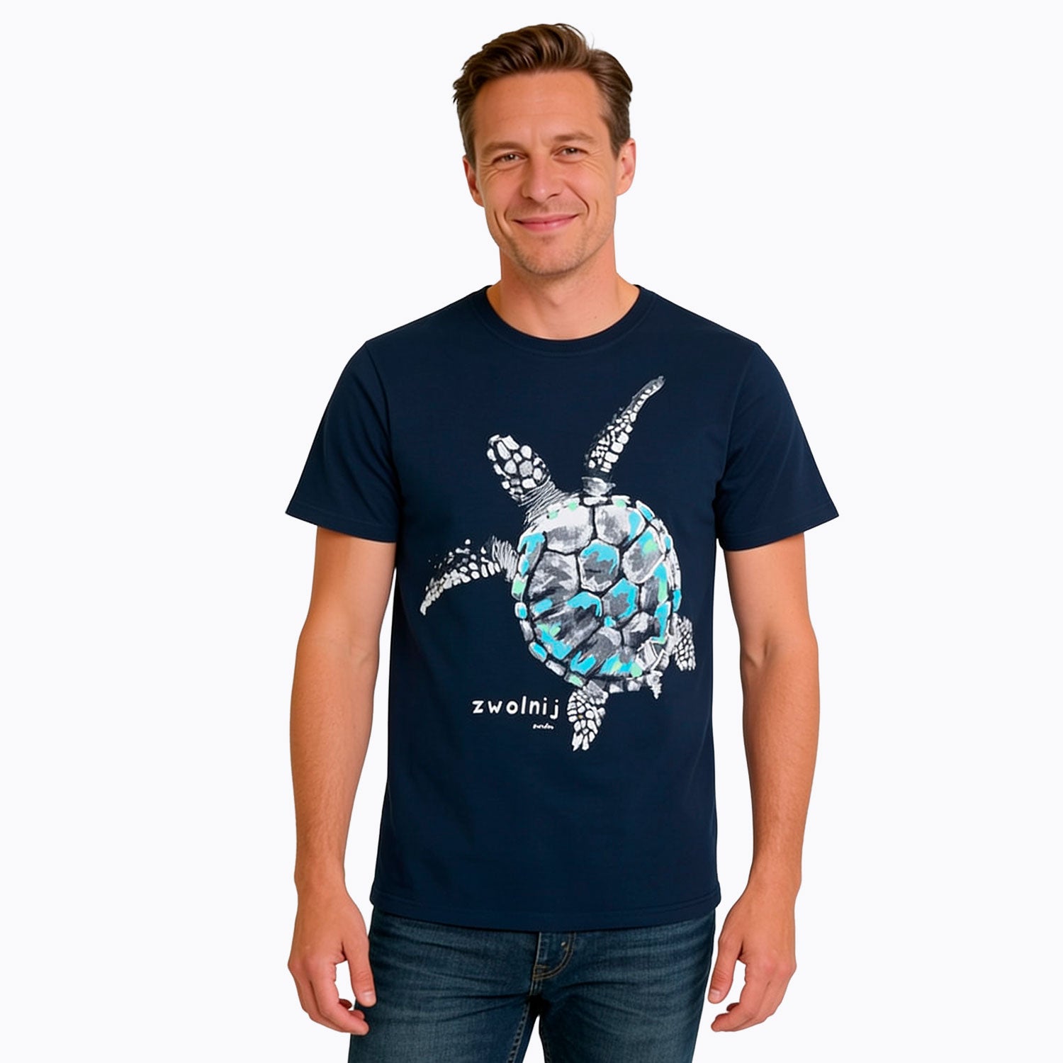 Męski t-shirt z krótkim rękawem, z żółwiem, granatowy