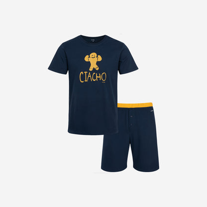Men's short-sleeved pajamas with the inscription "CIACHO", navy blue