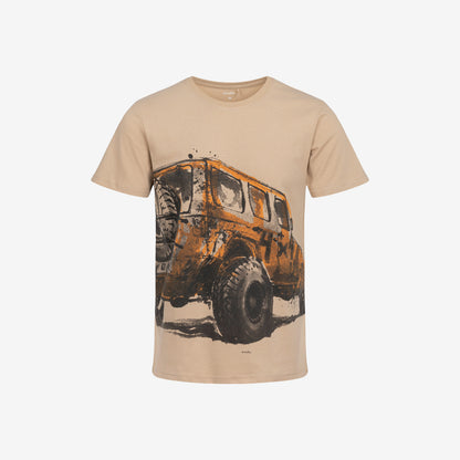 T-shirt z krótkim rękawem dla chłopca, z autem offroad, beżowy 9-13 lat