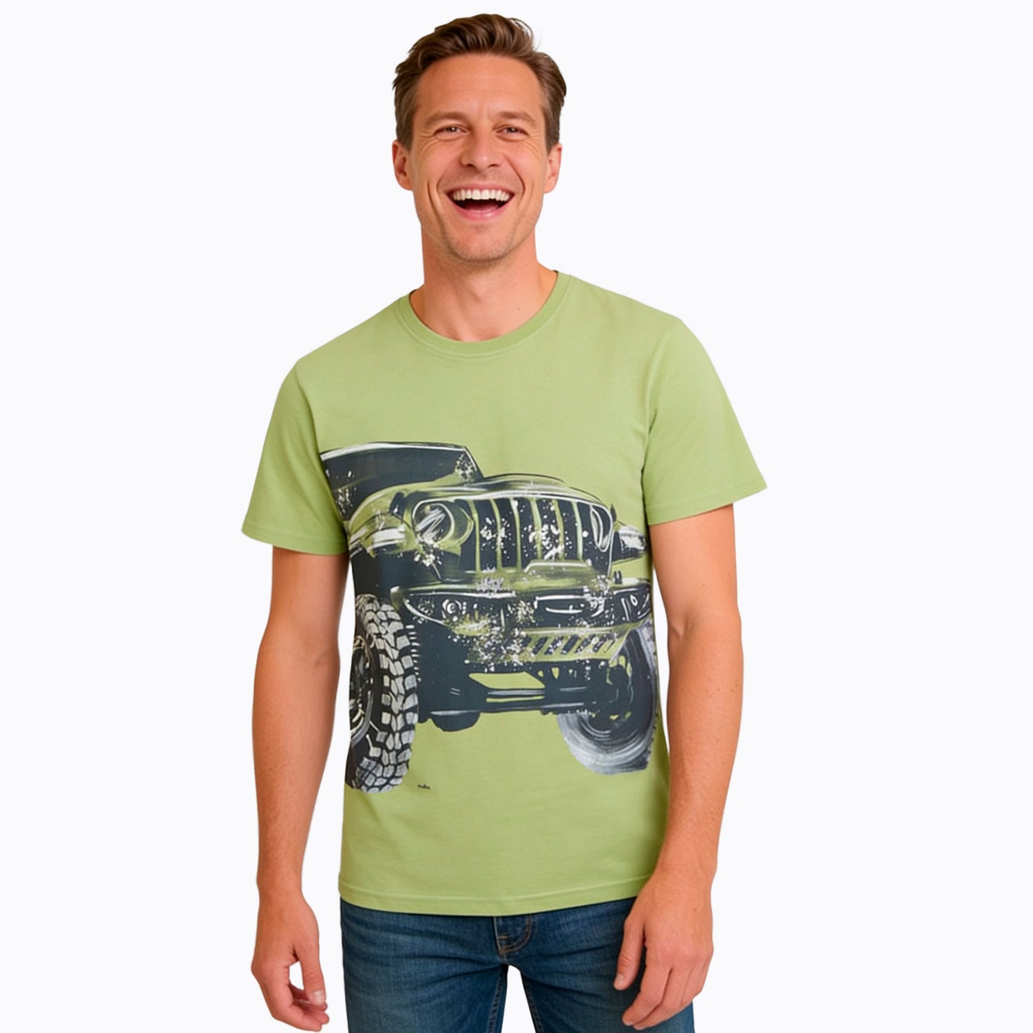 Męski t-shirt z krótkim rękawem, z autem terenowym, zielony