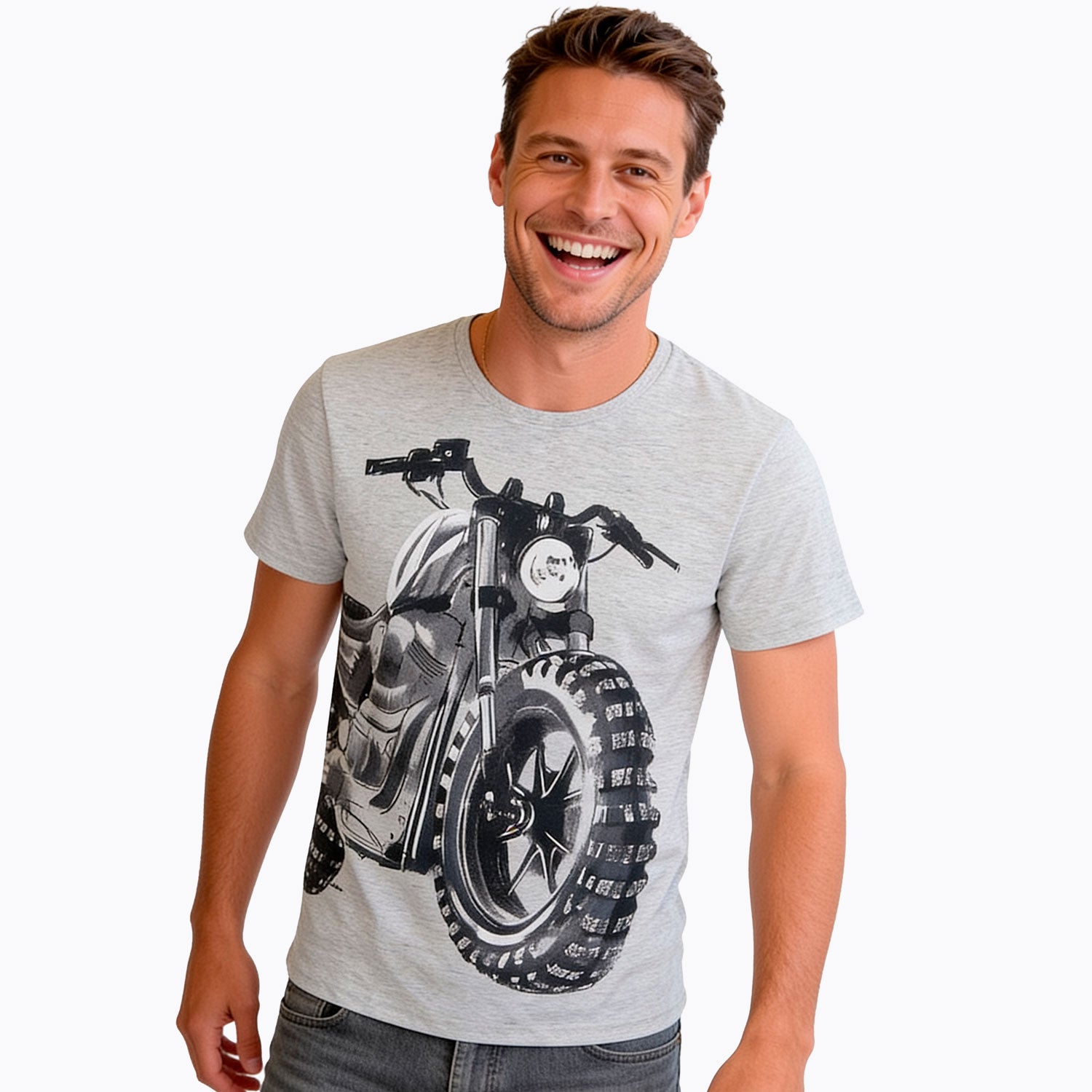 Męski t-shirt z krótkim rękawem, z motocyklem, szary