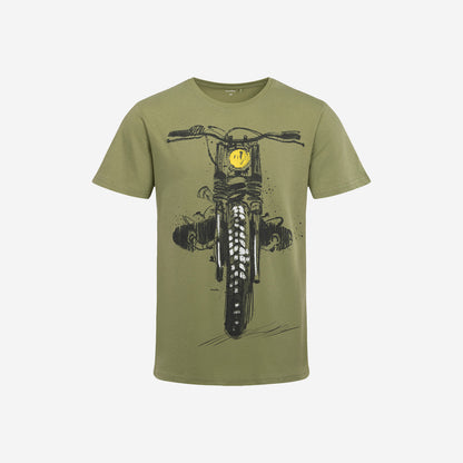 Męski t-shirt z krótkim rękawem, z motocyklem, oliwkowy