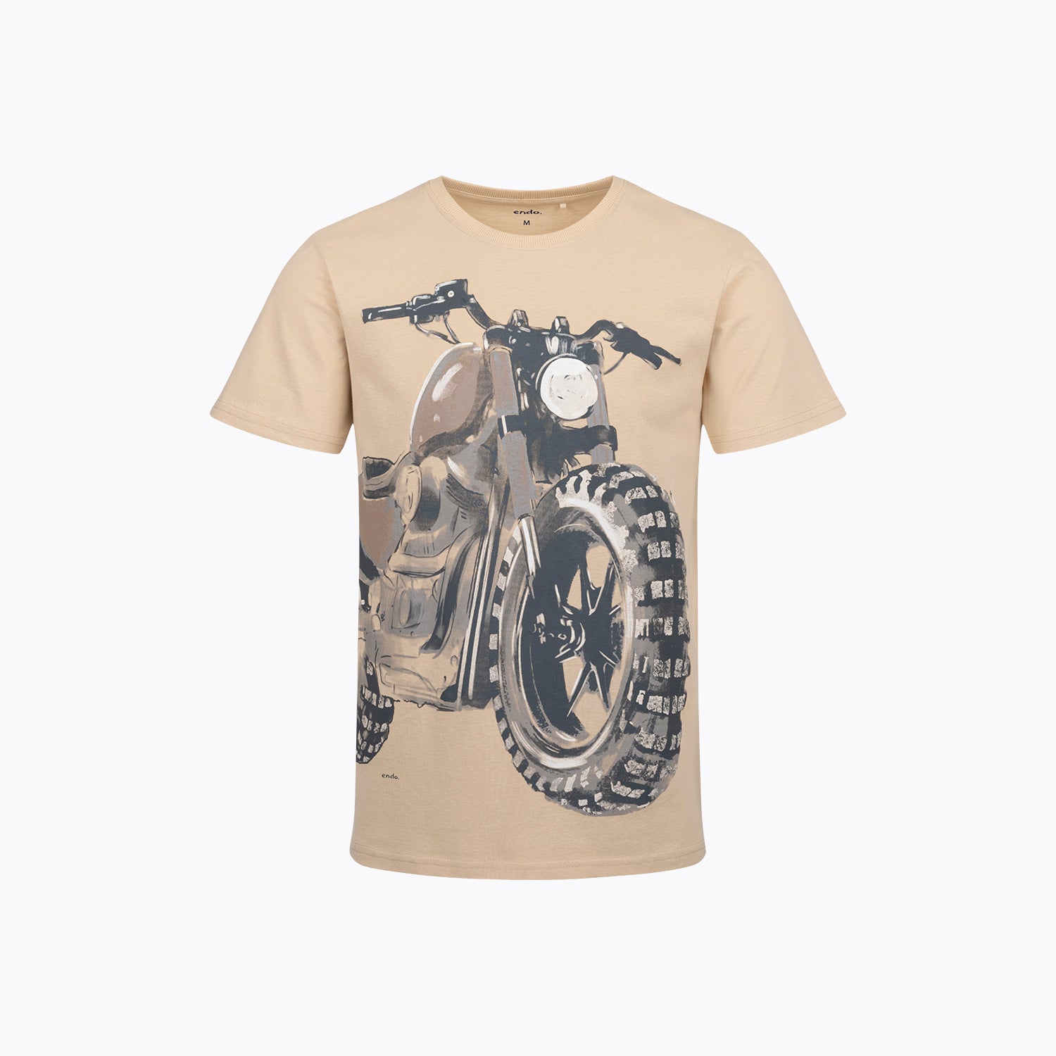 Męski t-shirt z krótkim rękawem, z motocyklem, beżowy