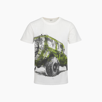 Męski t-shirt z krótkim rękawem, z autem terenowym, biały