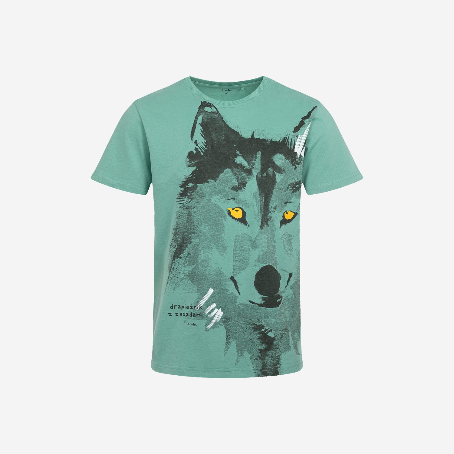 Męski t-shirt z krótkim rękawem, z wilkiem, zielony