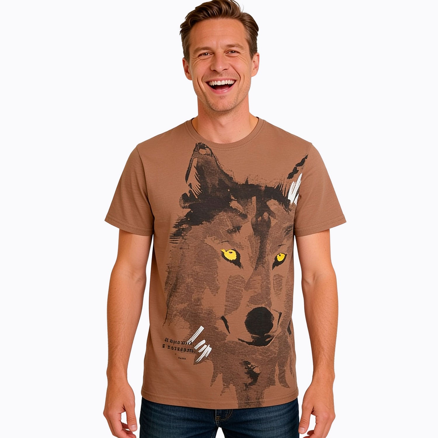 Męski t-shirt z krótkim rękawem, z wilkiem, brązowy