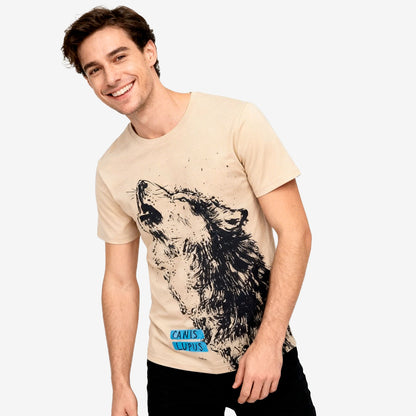 Męski t-shirt z krótkim rękawem, z wilkiem, beżowy