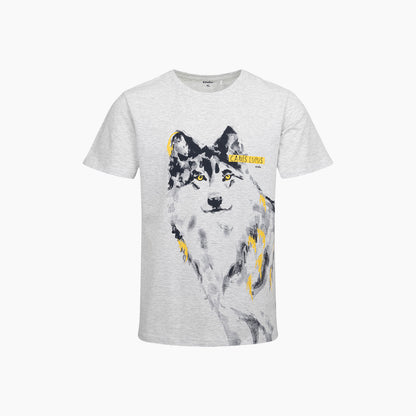 Męski t-shirt z krótkim rękawem, z wilkiem, szary