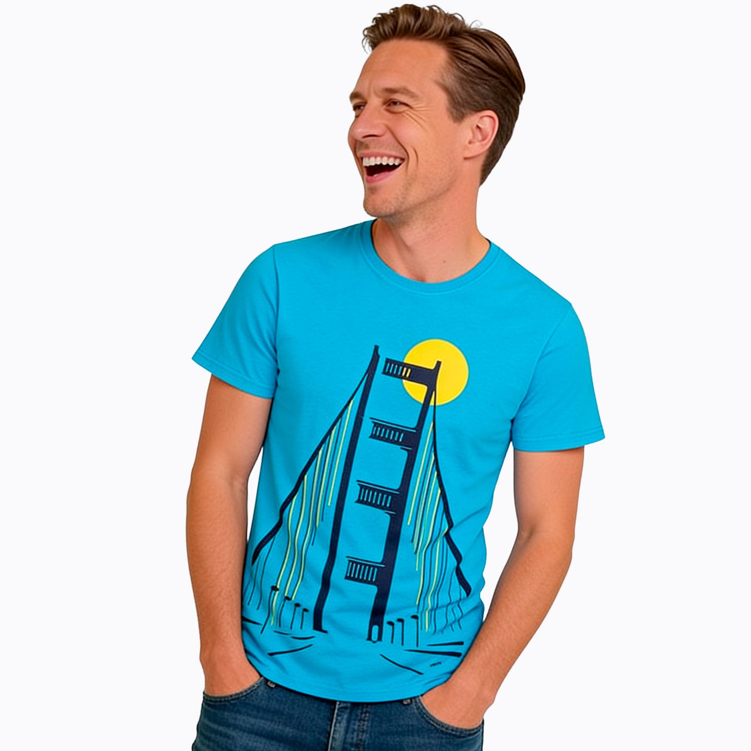 Męski t-shirt z krótkim rękawem, z motywem mostu, niebieski