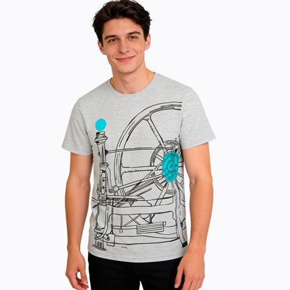 Męski T-shirt z krótkim rękawem jasnoszary z konstrukcją mechaniczną