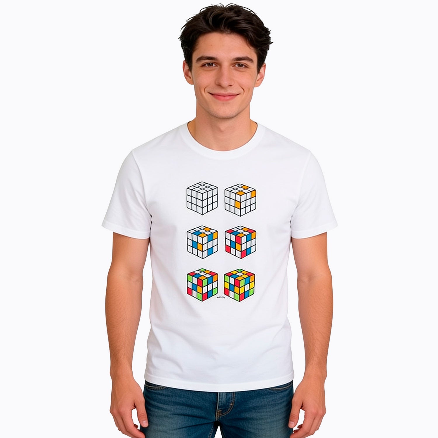 Męski t-shirt z krótkim rękawem, z kostkami Rubika, biały