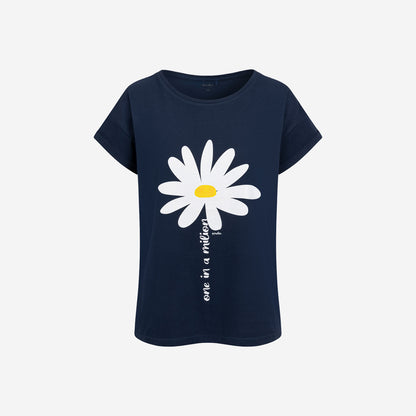 Damski t-shirt z krótkim rękawem, z motywem kwiatowym, granatowy