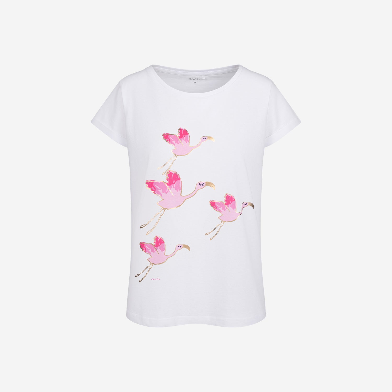 Damski t-shirt z krótkim rękawem, z flamingami, biały