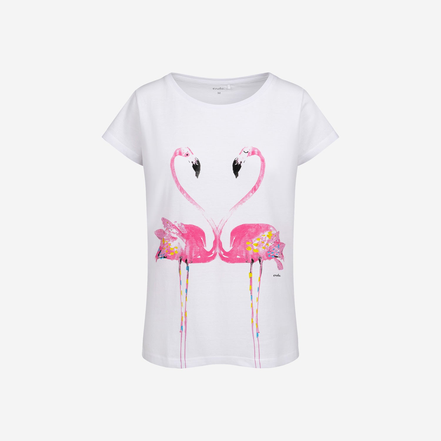 Damski t-shirt z krótkim rękawem, z flamingami, biały