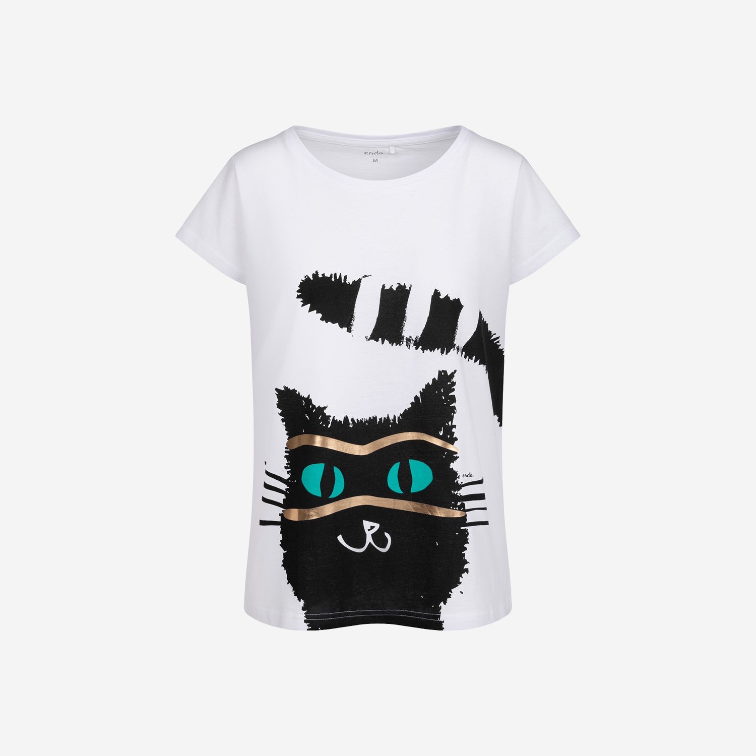 Damski t-shirt z krótkim rękawem, z kotem, biały